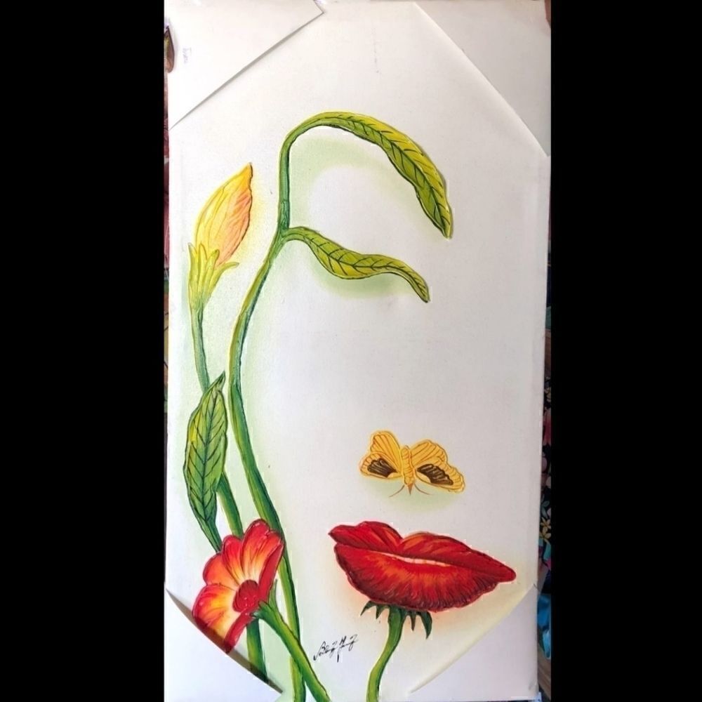 𝅺BEAUTIFUL painting on fabric canvas, woman face out of flowers. 😍
